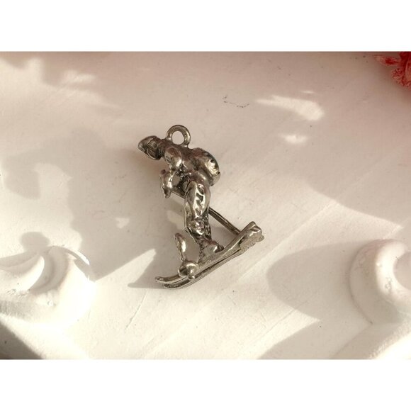 Turquoise Accented Antiqued Sterling Silver Skiier Vintage Pendant | Charm - Picture 3 of 14